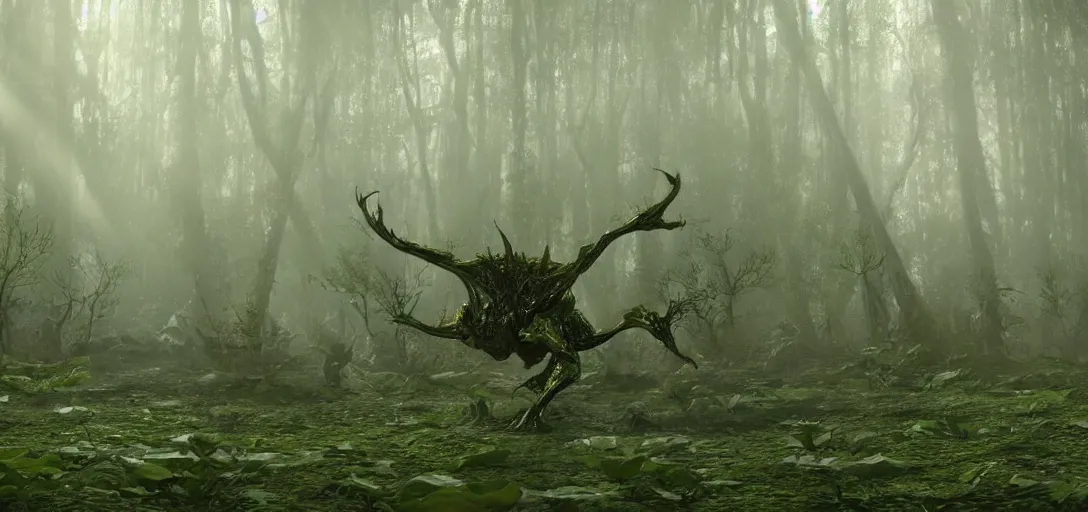 Image similar to a complex organic fractal 3 d metallic symbiotic ceramic humanoid megastructure creature in a swampy lush forest, foggy, cinematic shot, photo still from movie by denis villeneuve, wayne barlowe, sun rays