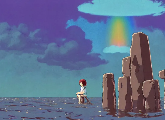 Prompt: a realistic cell - shaded studio ghibli concept art from paprika ( 2 0 0 6 ) of a rainbow - colored cube from close encounters of the third kind ( 1 9 7 7 ) and a grey long - haired witch sitting on top of a pillar in a flooded stonehenge on a misty starry night. very dull colors, wide shot, hd, 4 k, hq