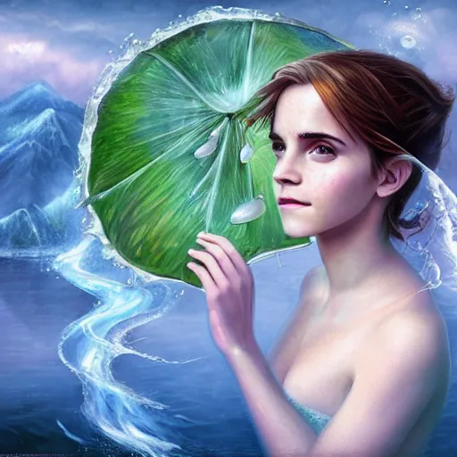 Image similar to a epic mark brooks painting of emma watson as a water fairy holding a raindrop and smiling, 8 k, ultra detailed, lighting, water, big leaves, pond, illustration, trending on art station, digial art by lois van baarle