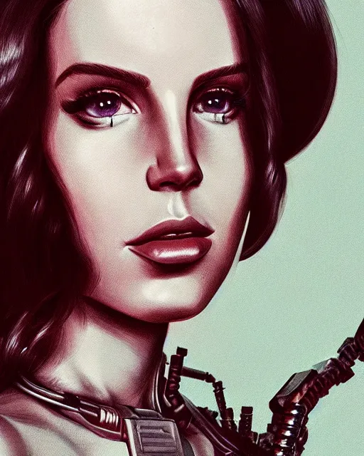 Image similar to portrait of lana del rey as a cyborg. intricate abstract. intricate artwork, by tooth wu, wlop, beeple, dan mumford. concept art, octane render, trending on artstation, greg rutkowski very coherent symmetrical artwork. cinematic, key art, hyper realism, high detail, octane render, 8 k, iridescent accents