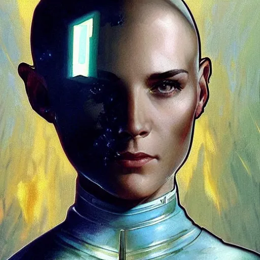 Image similar to a bald serbian!!! young woman as a star trek captain, a still from star trek painted by artgerm and greg rutkowski and alphonse mucha. clear highly detailed face, beautiful sci fi art