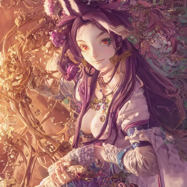 Image similar to the portrait of chaotic good female druid alchemist as absurdly beautiful, gorgeous, elegant, young anime girl, an ultrafine hyperdetailed illustration by kim jung gi, irakli nadar, intricate linework, sharp focus, bright colors, octopath traveler, final fantasy, unreal engine 5 highly rendered, global illumination, radiant light, detailed and intricate environment