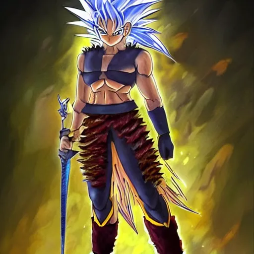 Prompt: realistic art style, ultra - detailed, saiyan girl, wild spiky red hair, long spiky hair, electrified hair, holding scimitar made of bone, scimitar, sword, jagged sword, curved sword, orkish sword, colorized, gray skin, hyper - detailed, primeval fantasy, prehistoric fantasy, drawn by frank frazetta and boris vallejo