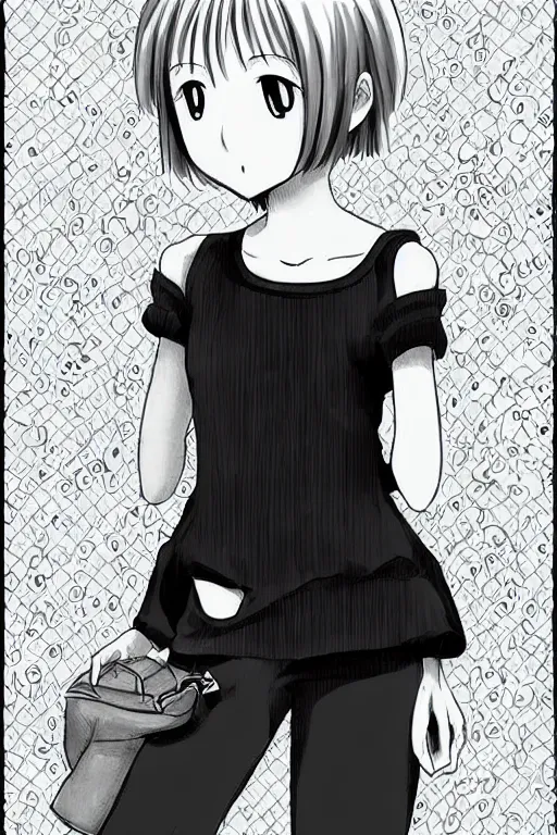 Image similar to portrait of a girl in long pants and a top, hands in pockets, eyes closed, bob haircut, digital art, black and white, lineart by kaoru mori