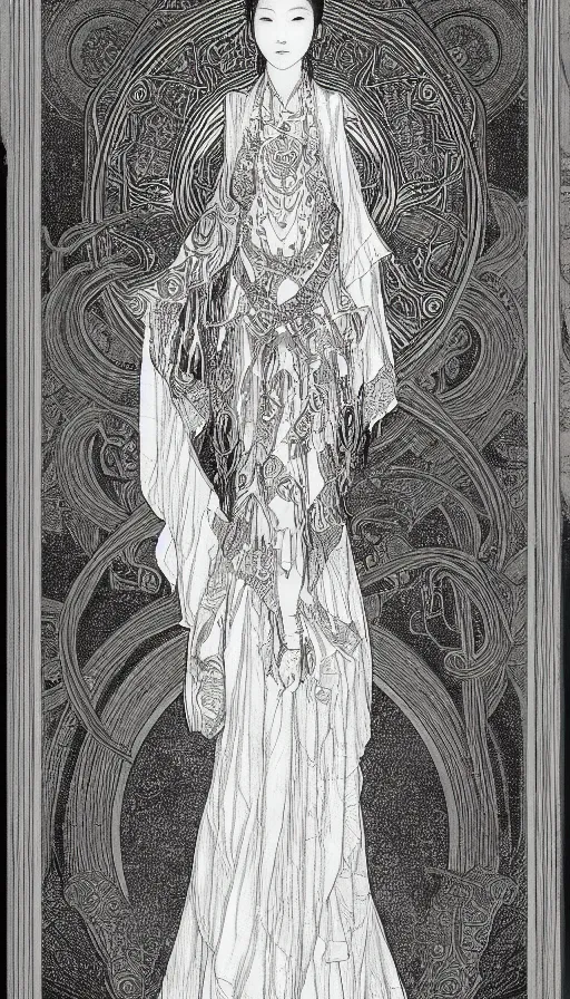 Image similar to yoon young as the high priestess, tarot design, by mucha, black and white graphite drawing, smooth render