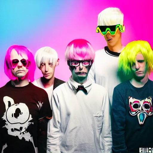 Prompt: bandphoto of chiptune band, in the style of billelis and james jean and pedro conti and stanley kubrick, inspired by die antwoord, kawaii colors, photorealistic, epic, super technical, 3 d render