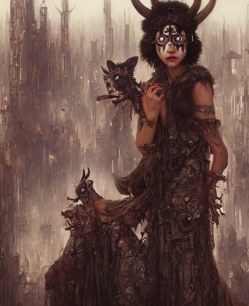 Image similar to hyper realistic Princess Mononoke, spooky mask, busy cyberpunk metropolis, city landscape, jewels, style of tom bagshaw, mucha, james gurney, norman rockwell, denoised, sharp