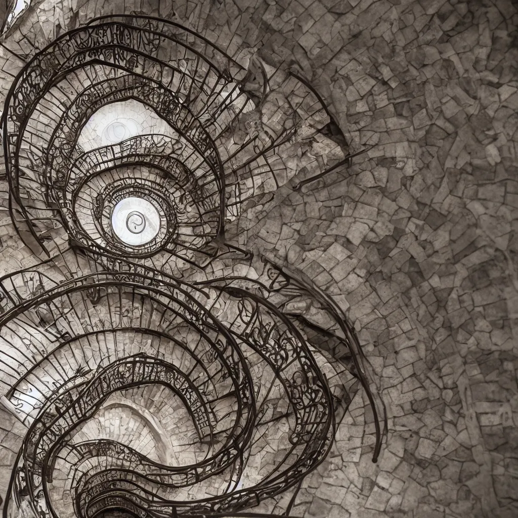 Prompt: grand spiral stairscase going down deep in a hole, by etienne - louis boullee and gaudi, leica, high quality, high detailed