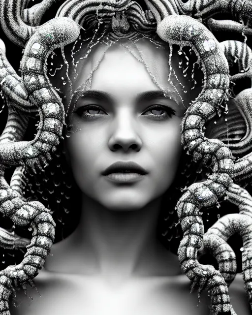 Image similar to surreal mythical dreamy artistic black and white fine art photo of a beautiful young female medusa - cyborg covered with fish scales and algae, highly detailed, intricate crystal ivy jelly fish scales ornate, poetic, octane render, 8 k, photo - realistic