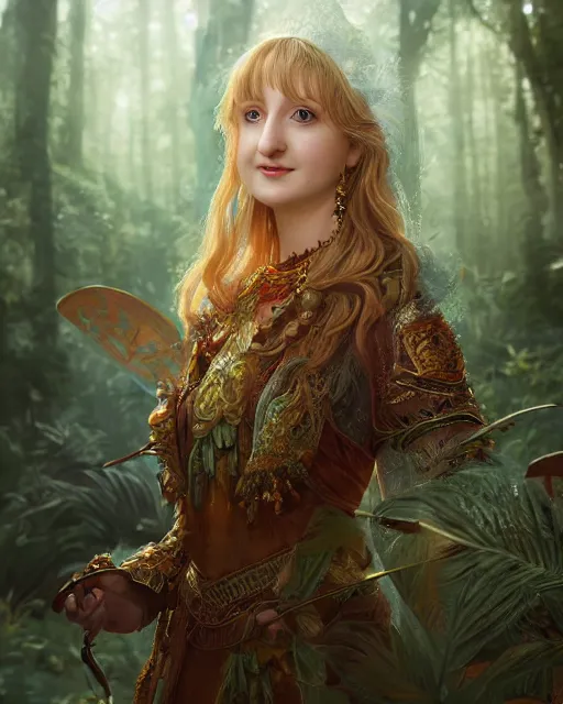 Prompt: Beautiful art portrait of Melissa Rauch as a fantasy priestess in a bright temple surrounded by lush forest, atmospheric lighting, intricate detail, cgsociety, hyperrealistic, octane render, RPG portrait, ambient light, dynamic lighting