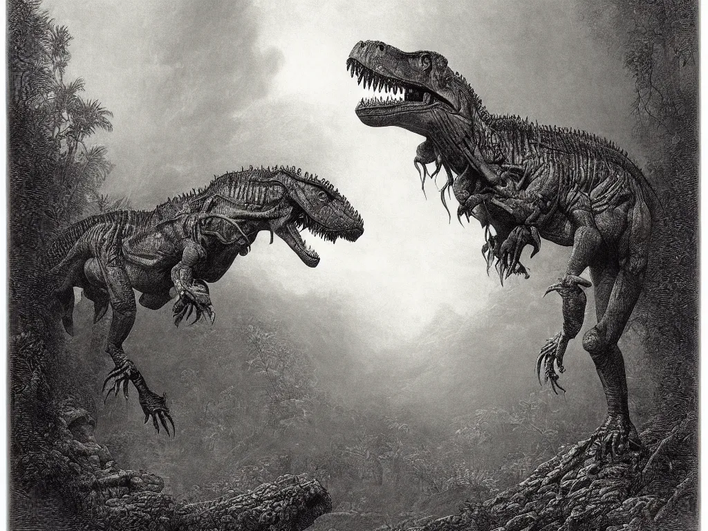 Prompt: an engraving of a tyrannosaurus rex in the amazon jungle by gustave dore, highly detailed, fog, mist, depth, lithograph engraving