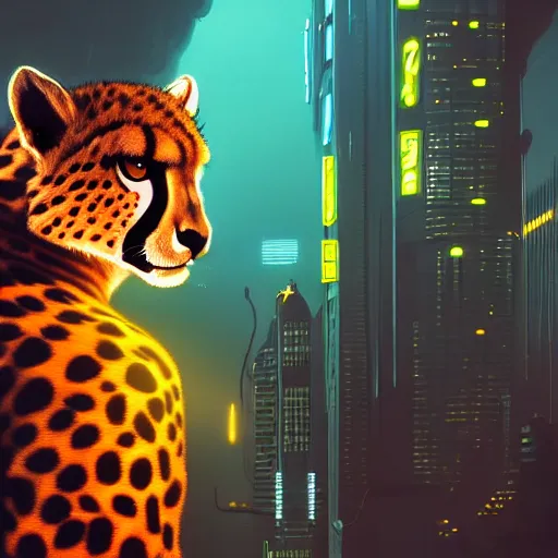 Image similar to a beautiful commission portrait of a male anthro cheetah wearing a neon jacket,futuristic,detailed face,mohawk,cyberpunk city,deviantart,artstation,art by greg rutkowski,ross tran,professional lighting,neon city,night,raytracing,highly realistic,4k,dramatic,hyperrealism