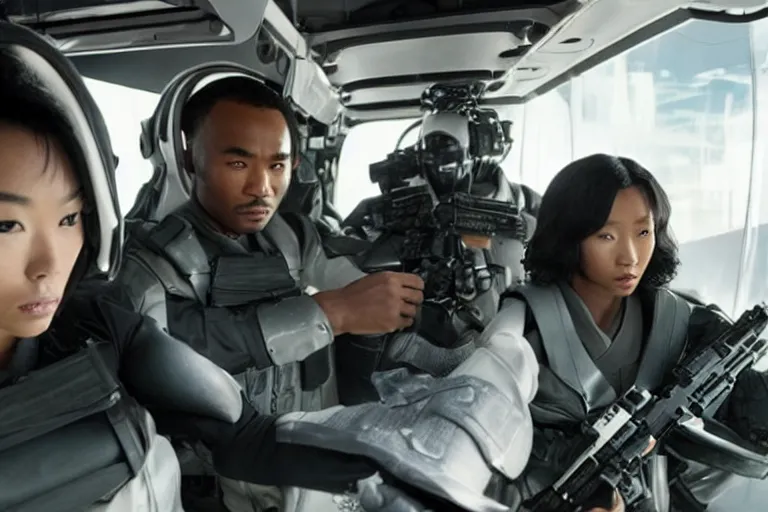 Prompt: movie diverse interracial team of Japanese sci-fi futuristic robbers armed with rifles interior clean futuristic tactical van, beautiful skin, Symmetrical faces. natural lighting by Emmanuel Lubezki