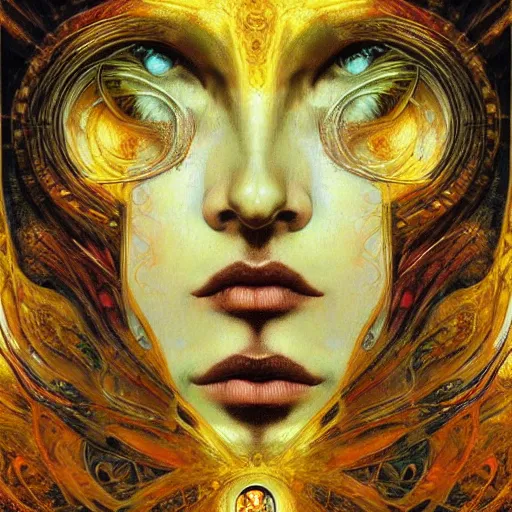 Prompt: Divine Chaos Engine by Karol Bak, Jean Deville, Gustav Klimt, and Vincent Van Gogh, beautiful visionary face portrait, sacred geometry, mystic spirals, otherworldly, fractal structures, ornate gilded medieval icon, third eye