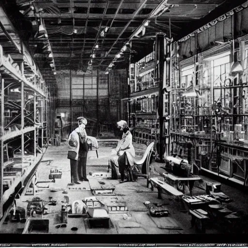 Image similar to scientists studying a creature in a warehouse, 1 9 2 0's sci - fi, black and white, 8 k, highly ornate intricate details, extreme detail,