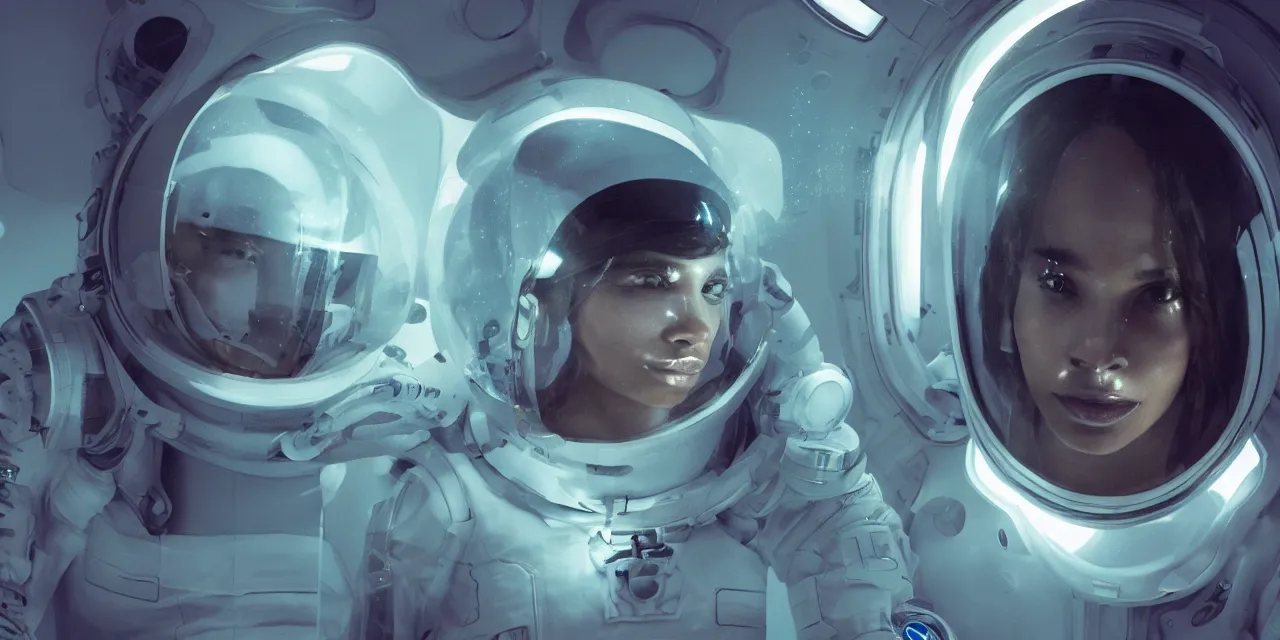 Image similar to Zoe Kravitz futuristic astronaut, clear helmet with HUD and small LED lights, inside large window of ship, spacesuit with small led lights, underwater in the ocean at night, clear water, bubbles, volumetric lighting, glowing lights, 4k, octane, digital painting, artstation, concept art, sharp focus, illustration, high contrast, high saturation , cinematic film still, art by artgerm and greg rutkowski and alphonse mucha , wide angle view,