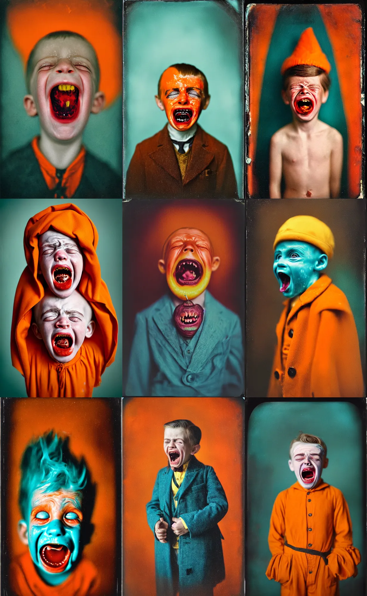 Image similar to kodak portra 4 0 0, wetplate, 8 k, shot of a highly detailed, britt marling style, colour still - life portrait of a lemon looks like a handsome screaming 8 year old crying boy in a dangerous snow hell fire storm, dracula teeth, 1 9 2 0 s cloth, 1 9 2 0 s hair, teal and orange, muted coloures