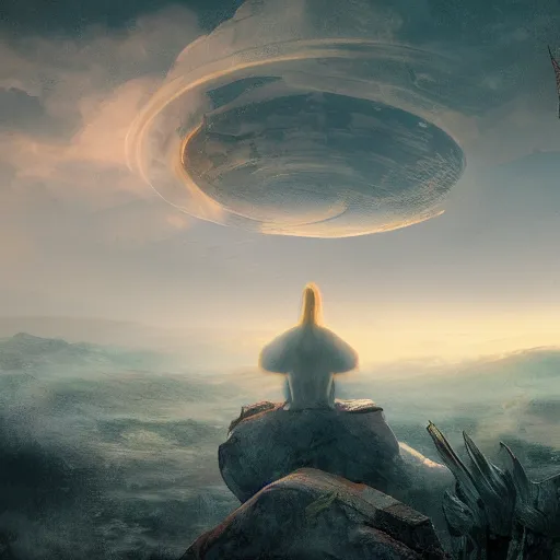 Image similar to concept art trending on art station detailed matte painting of an mystical alien meditation in the sky, dramatic, 8k, digital art
