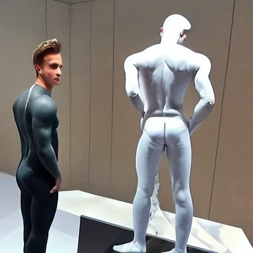 Image similar to “a realistic detailed photo of a guy who is an attractive humanoid who is half robot and half humanoid, who is a male android, British diver Jack Laugher & Chris Mears, shiny skin, posing like a statue, blank stare, at the museum, on display”