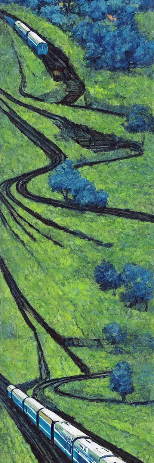 Image similar to blue and green train in the country, vintege poster,