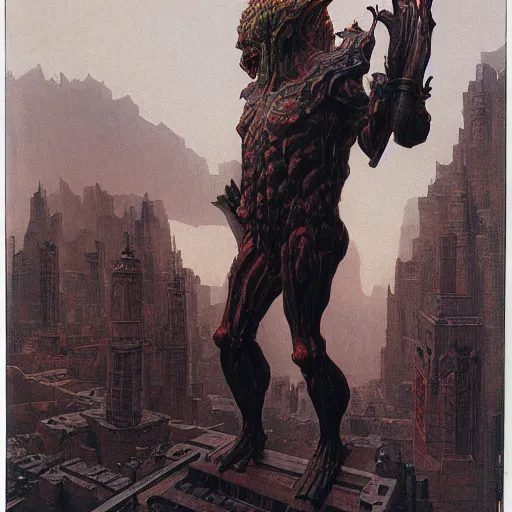 Image similar to portrait of immense, majestic, surreal, terrifying drak fantasy goblin standing triumphant over the city, perfectly clear face, by j. c. leyendecker, bosch, and beksinski