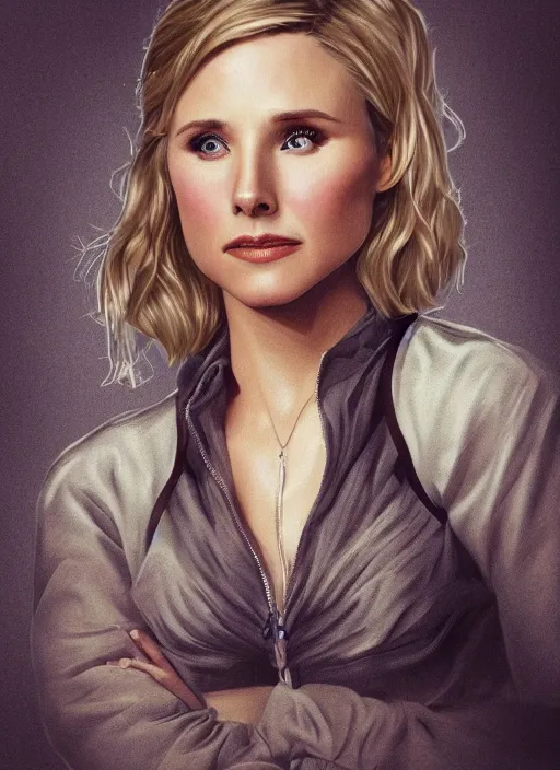 Image similar to a combination of kristen bell and cobie smulders, portrait, intricate, highly detailed, elegant, 8 k, digital art, trending on artstation, smooth, sharp focus