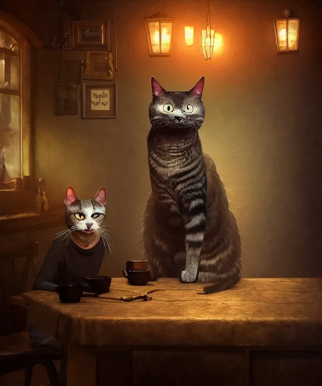 Image similar to hyperrealistic mixed media painting of a creepy smiling cat, dimly lit cozy tavern, leather tunic, confident relaxed pose, d&d, stunning 3d render inspired art by Gerlad Brom and Anna Dittmann + perfect facial symmetry + dim volumetric lighting, 8k octane beautifully detailed render, post-processing, extremely hyperdetailed, intricate, epic composition, grim yet sparkling atmosphere, cinematic lighting + masterpiece, trending on artstation, very very detailed, masterpiece, stunning