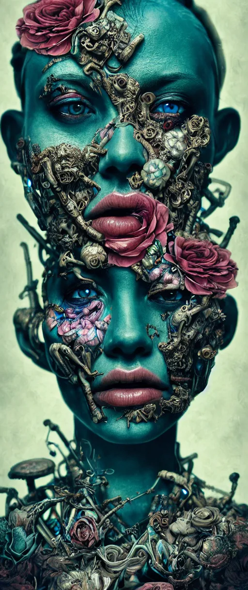 Prompt: hyperrealistic hyper detailed neo-surreal close-up 35mm side portrait of cyborg covered in rococo flower tattoos matte painting concept art hannah yata very dramatic dark teal lighting low angle hd 8k sharp shallow depth of field