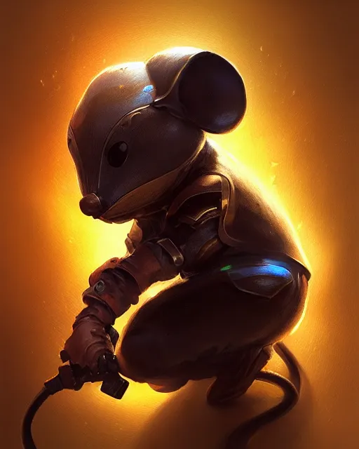 Prompt: a tiny mouse with a huge power glove, bust shot, smooth, intricate, elegant, power aura, digital painting, artstation, concept art, sharp focus, illustration, art by justin gerard, high contrast