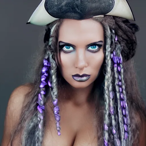 Image similar to a beautiful female pirate with dark grey iridescent skin