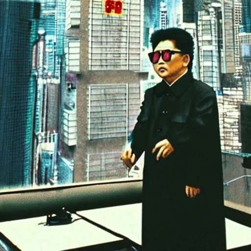 Prompt: filmstill of kim jong - il in the style of ghost in the shell by mamoru oshii