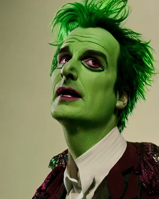 Image similar to Will Arnett as Beetlejuice, white makeup, green hair, cinematic lighting, 4k photograph