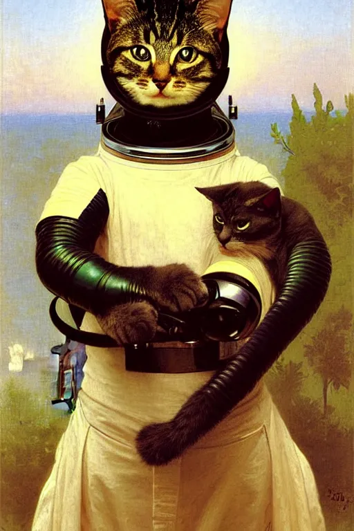 Image similar to portrait of a cat astronaut with armor and helmet, by bouguereau