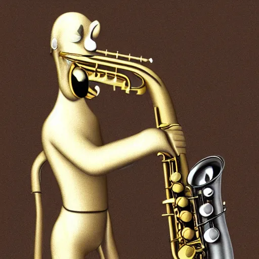 Image similar to an anthropomorphic saxophone playing another saxophone