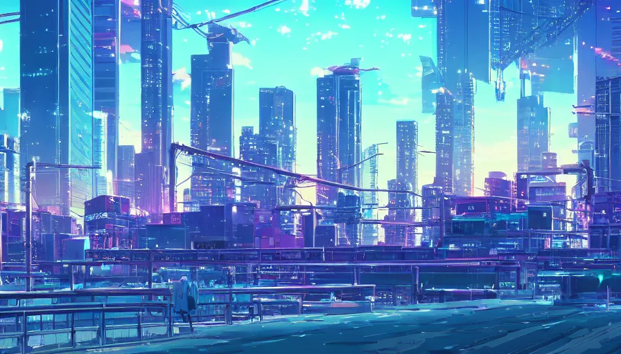 Prompt: beautiful anime synthwave cityscape by makoto shinkai