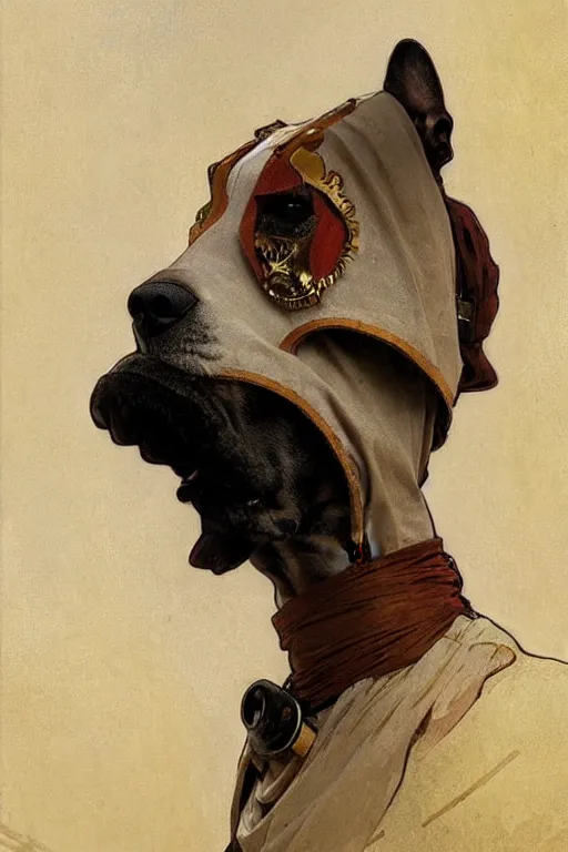 Image similar to Dog wearing mask by greg rutkowski and alphonse mucha