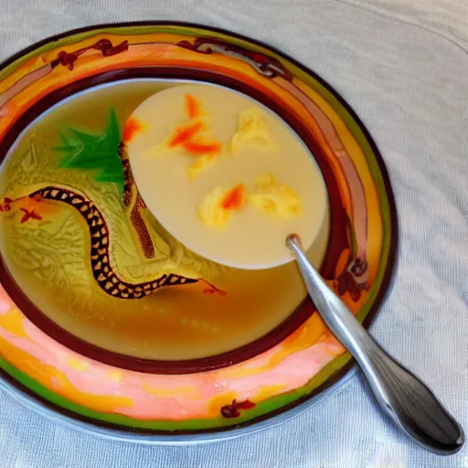 Prompt: dragon swimming on a plate of soup