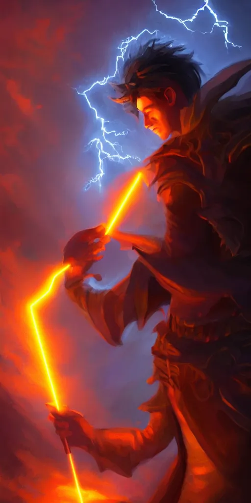 Prompt: A mage stands reading a spell book, as he reads the words a lightning bolt shoots from his hands. Magic, orange lighting, flux. High fantasy, digital painting, HD, 4k, detailed.