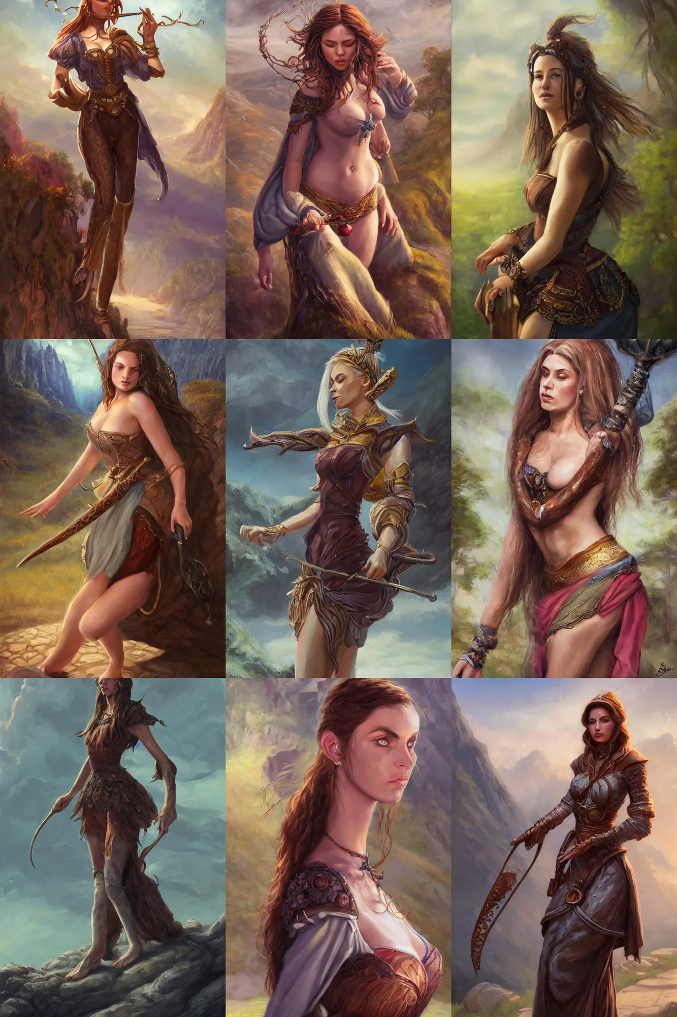 Prompt: a full body high detail fantasy portrait oil painting illustration of a single beautiful poised bard woman by justin sweet with face and body clearly visible, in a scenic background, pretty eyes, realistic proportions, d & d, rpg, forgotten realms, artstation trending, high quality, sombre mood, artstation trending, muted colours, entire person visible!