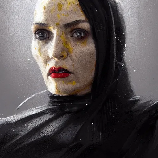 Image similar to portrait of a woman by greg rutkowski, a woman with yellow skin, black lips wearing black robes and a hodd, evil energy, star wars expanded universe, she is about 6 0 years old, highly detailed portrait, digital painting, artstation, concept art, smooth, sharp foccus ilustration, artstation hq