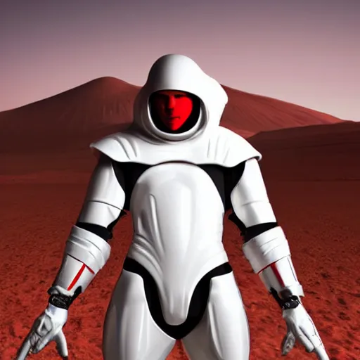 Image similar to tall muscular infantry man in glossy sleek white armor with a few red details and a long red cape, heroic posture, on the surface of mars, night time, dramatic lighting, cinematic, sci-fi, hyperrealistic, movie still