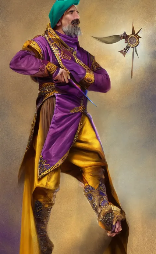 Prompt: a charming tailor of middle - eastern descent, dressed in fine colorful robes over armor, sporting a goatee, smirking, holding a magic needle, fantasy digital painting by barret frymire by artem priakhin, high resolution 4 k