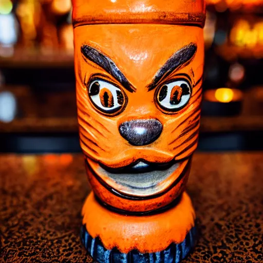 Image similar to a closeup photorealistic photograph of an orange cat garfield style tiki mug sitting at a trader vic's bar featuring garfield's face. tiki party. bright scene. fine detail. this 4 k hd image is trending on artstation, featured on behance, well - rendered, extra crisp, features intricate detail, epic composition and the style of unreal engine.