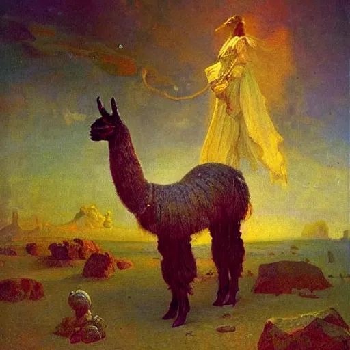 Image similar to detailed space portrait of a llama with dreadlocks, realistic creature concept, heroic pose, glowing starts in background, Ilya Repin oil painting