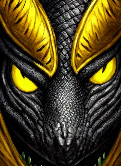 Image similar to closeup portrait of black dragon head with yellow eyes, ultra realistic, fantasy, magic, dnd,