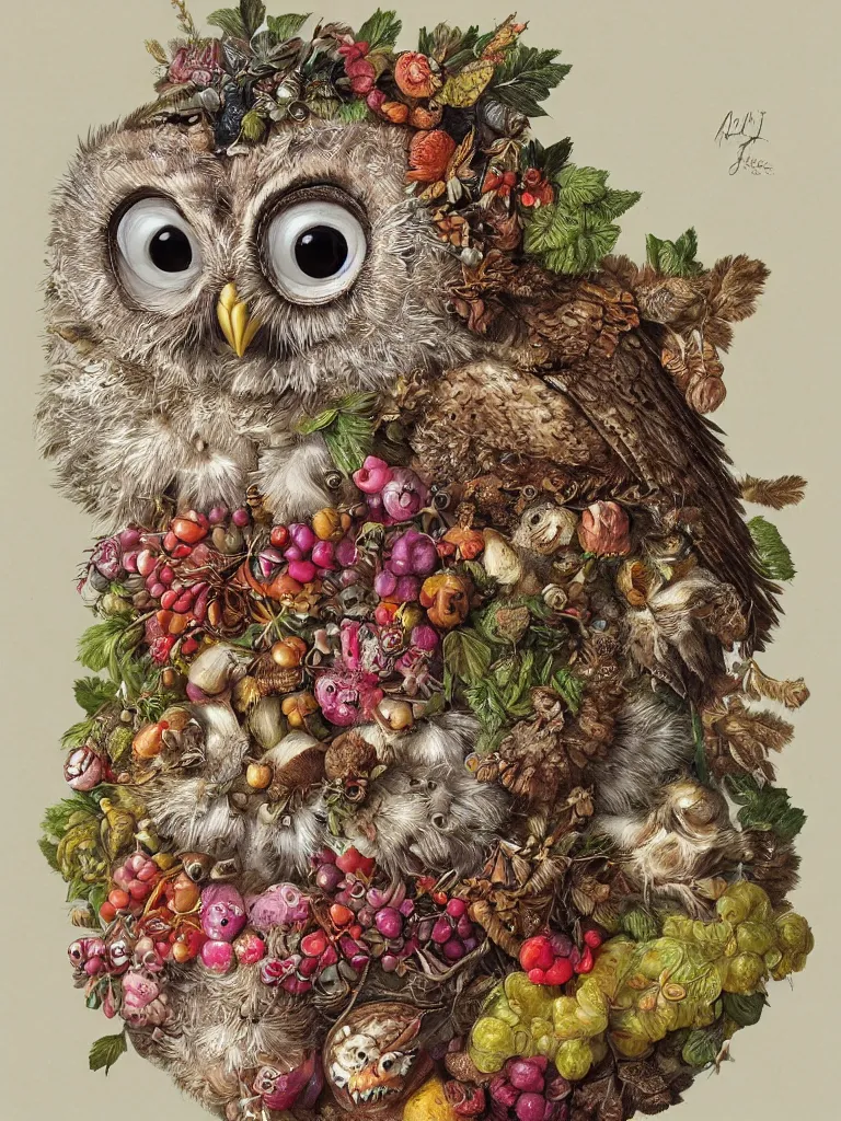 Prompt: Highly detailed cute owl in the style of Guiseppe Arcimboldo, sharp, masterpiece, artstation