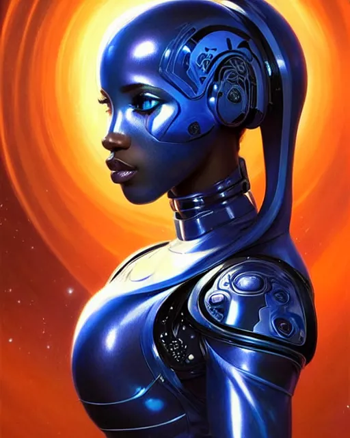 Image similar to Portrait of very very very very very very beautiful african woman, spacesuit, futuristic cybernetic helmet, blue eyes, real life skin, intricate, elegant, highly detailed, artstation, concept art, smooth, sharp focus, art by artgerm and greg rutkowski and alphonse mucha