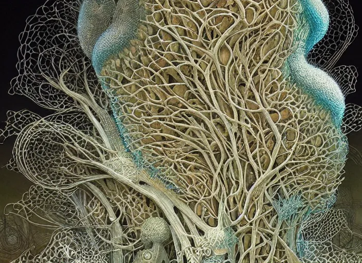 Image similar to a 3 d fungal world of mushroom fractals in the style of graffuturism, intricate mycelial lace, ultra detailed, by peter mohrbacher & james jean & william morris & ernst haeckel & zaha hadid