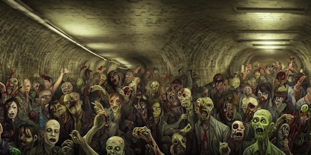 Prompt: a subway tunnel full of zombies, realistic, extremely detailed, sharp focus, wide view, smooth, digital illustration, intense colors, octane render, unreal engine 6, ray tracing, by james jean, by rossdraws, by frank franzzeta, by mcbess, by sakimichan, by brosmin, by danton fadeev, by steve simpson