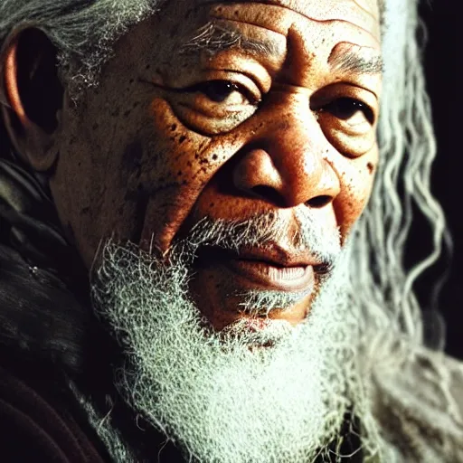 Image similar to morgan freeman starring as gandalf in lord of the rings, videogame still, portrait, 4 0 mm lens, shallow depth of field, close up, split lighting, cinematic